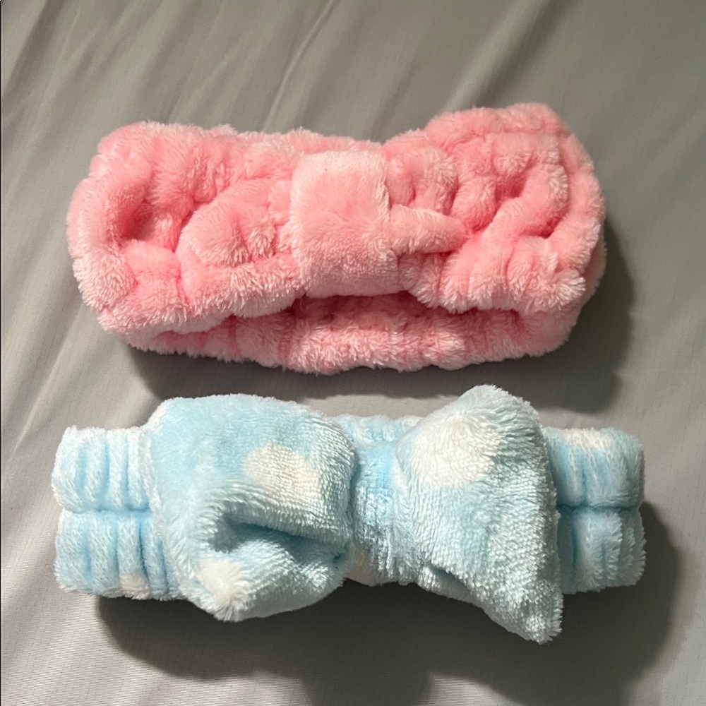 Plush Fluffy Facial Headband Set - Pink & Light Blue
